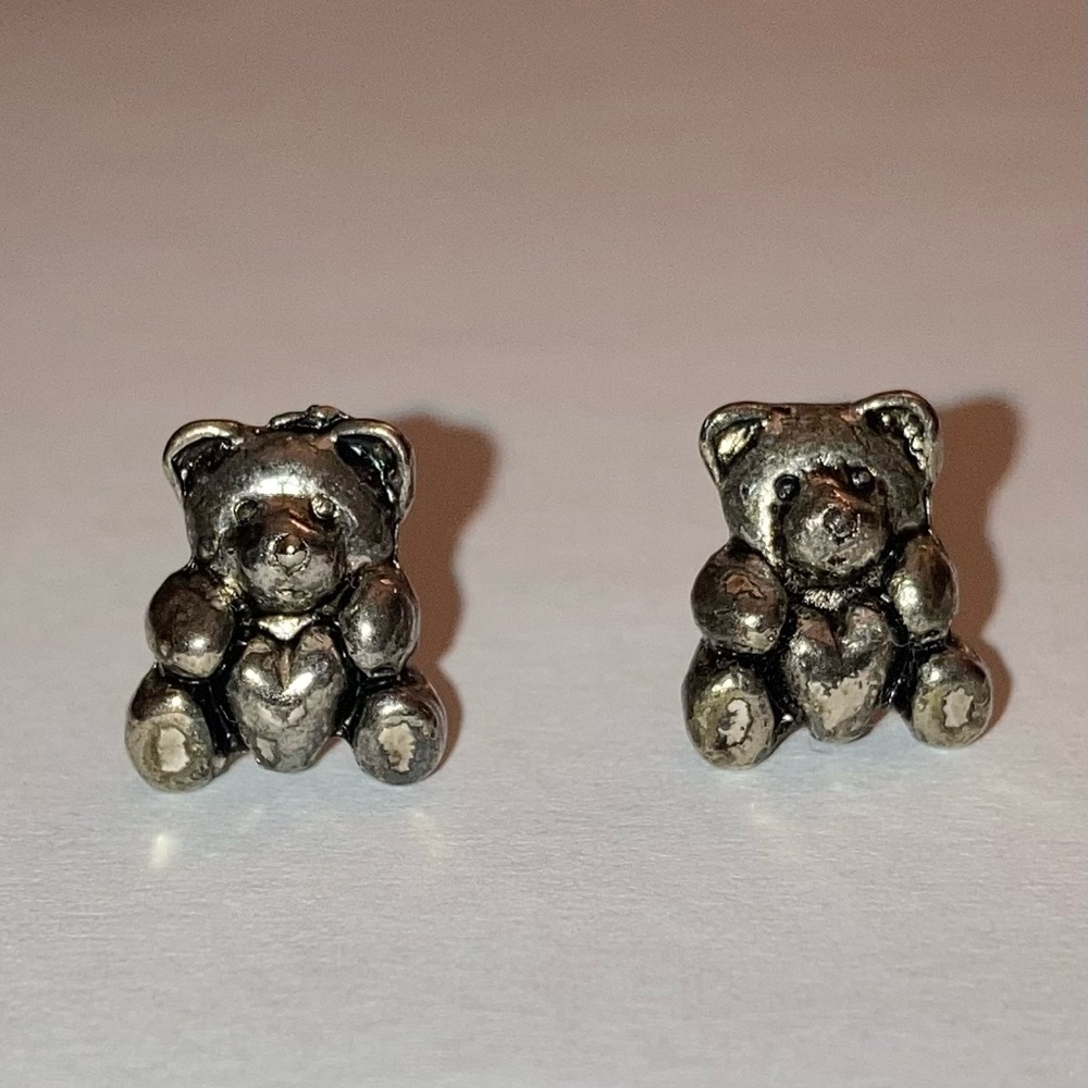 Teddy Bear Pewter Silver Stud Earrings Retro Vintage 90s Jewelry